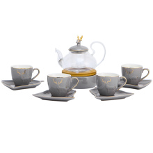 Luxury tea pot set ceramic cups and saucer with glass tea pot coffee and tea cup